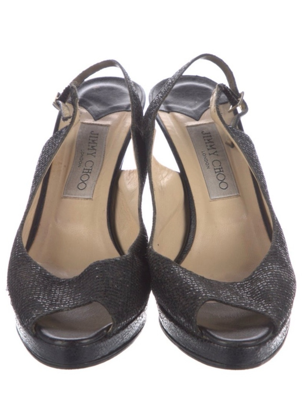 JIMMY CHOO Nova Black Glitter Peep Toe Slingback Sandals Heels US 9.5  IT39.5 - Picture 5 of 8